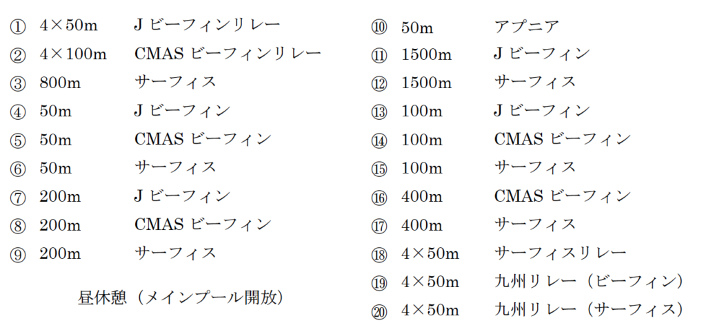 競技順序（2023フィンスイミングオープンin九州）フィンスイミングチャンネル